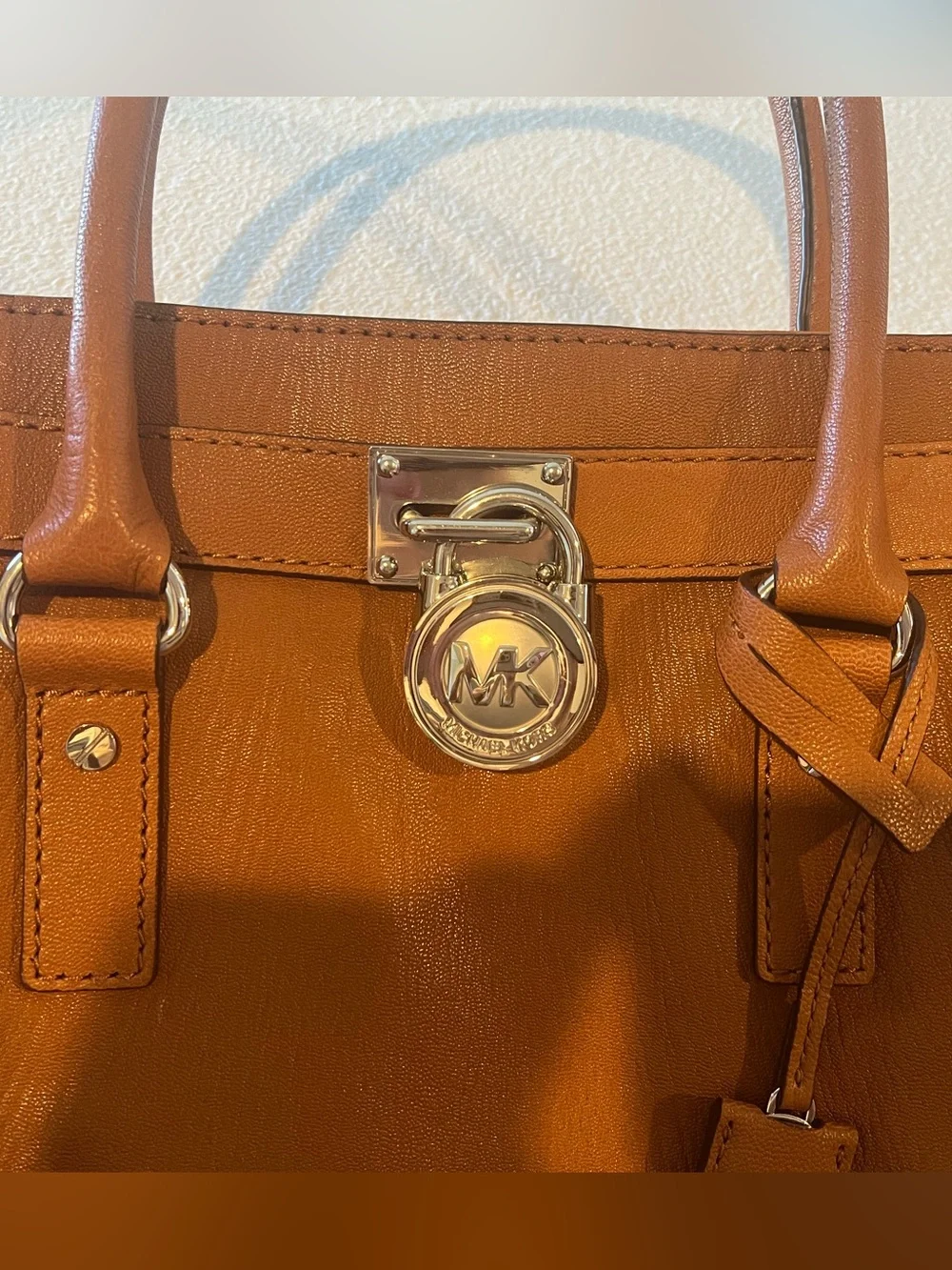 Michael Kors Hamilton Large Leather Satchel Luggage Brown Lock Key Shoulder Bag
